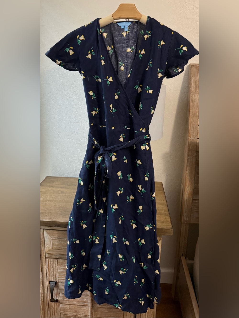 Draper James Navy Wrap Midi Linen Dress with Yellow Floral Print- Size 2